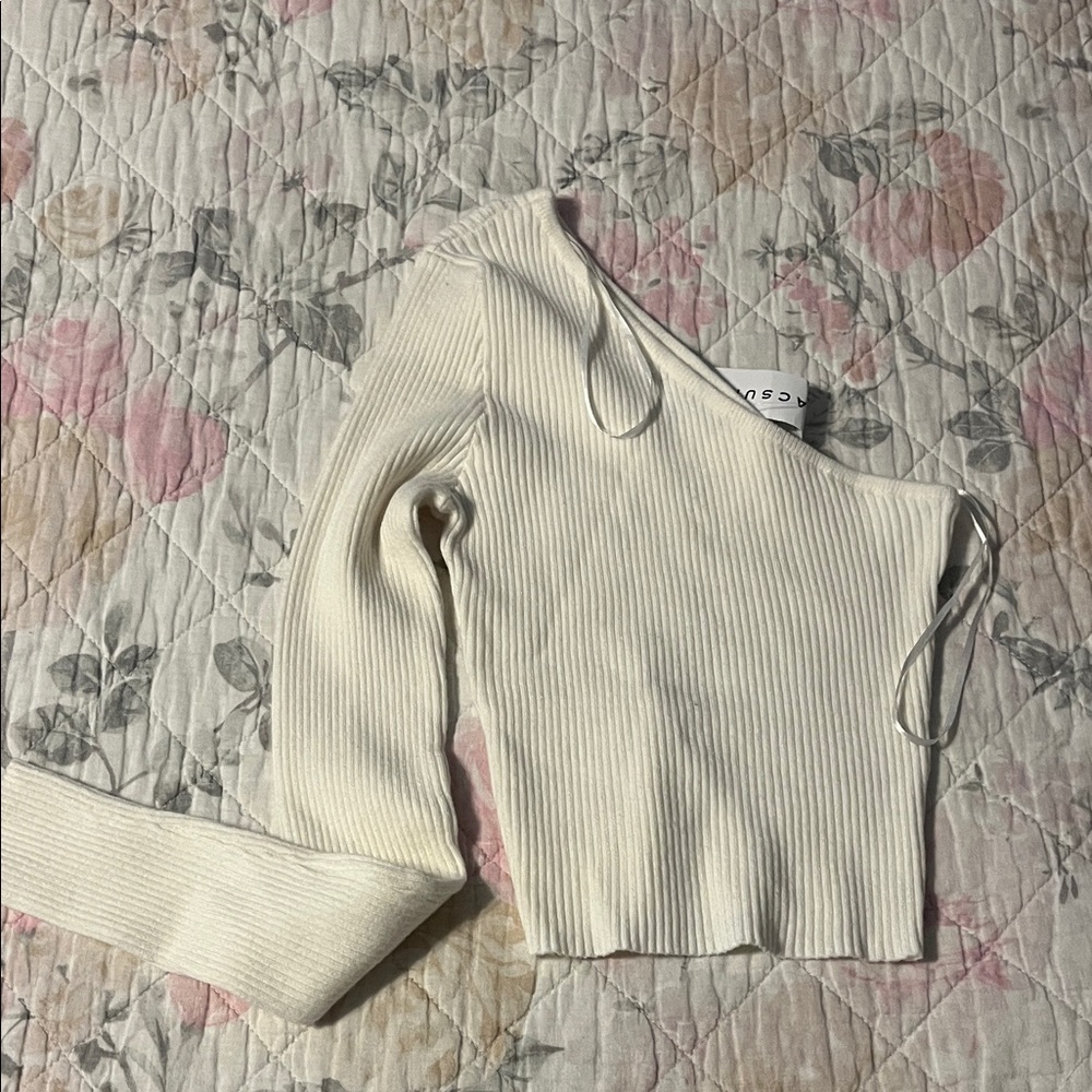 PacSun Cream Ribbed One-Shoulder Top